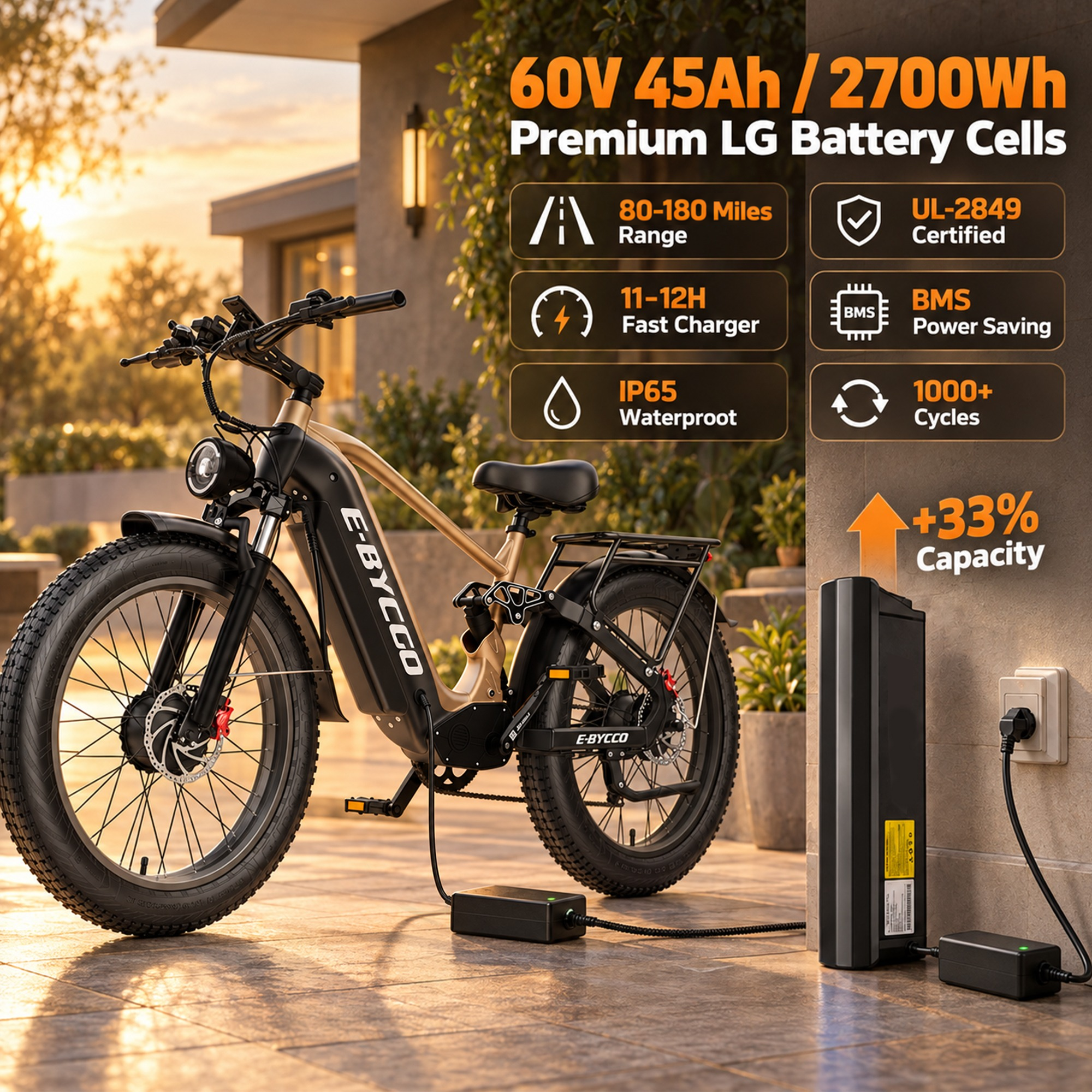 E-BYCCO C8max 26 Bici Elettrica 60V Nero Oro Frecce