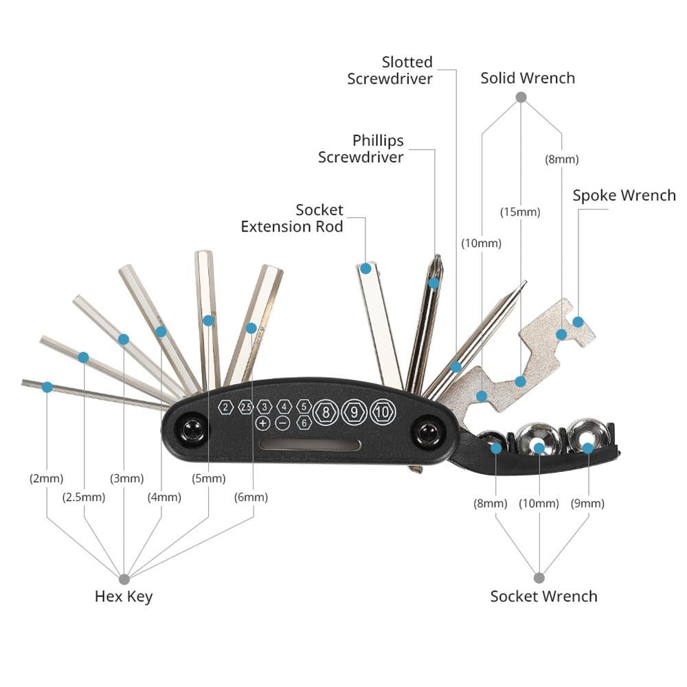 Touroll Kit riparazione bici multitool 16 in 1 con toppe