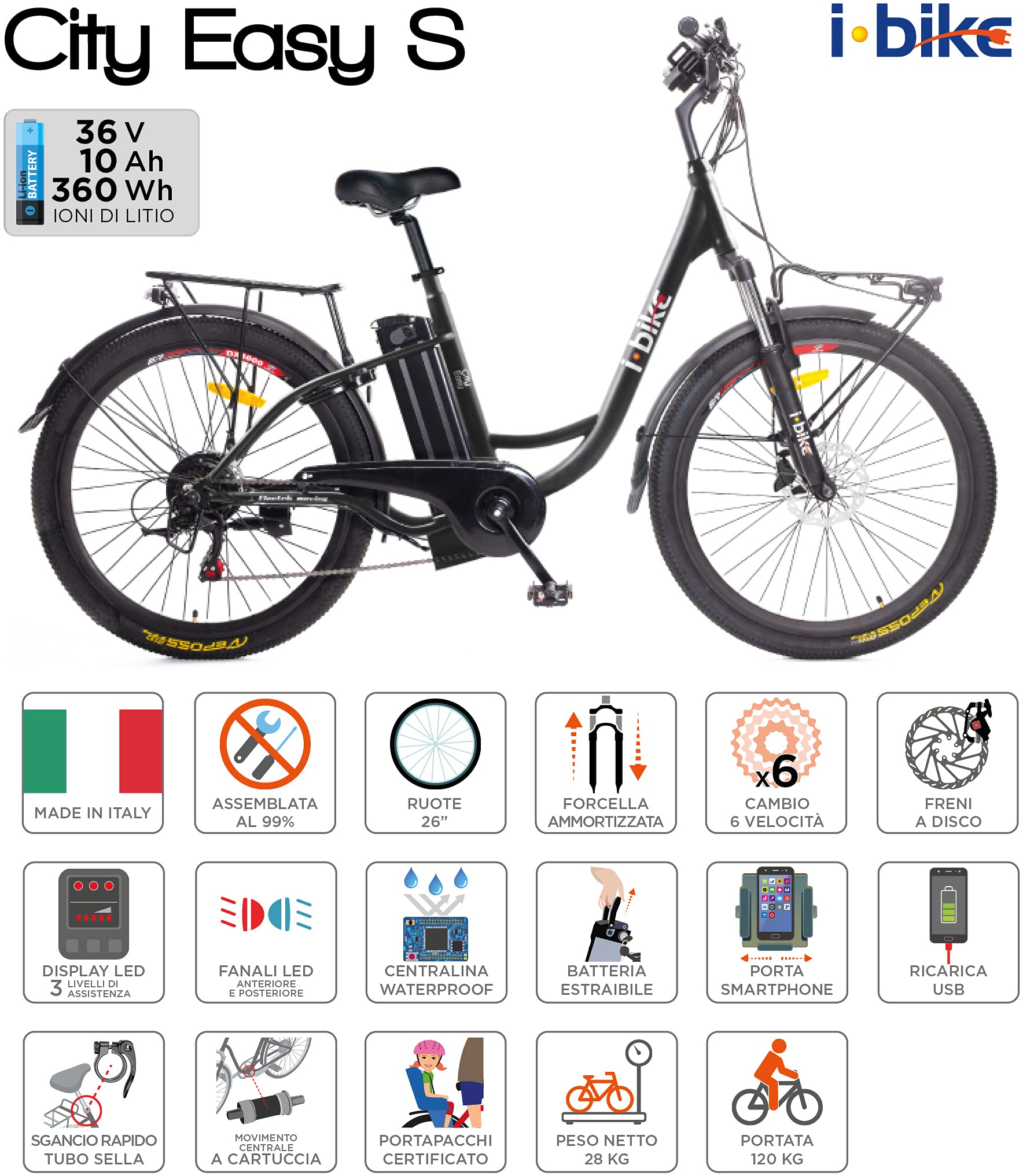 I-Bike City Easy S ITA99 bici elettrica 26" nera 360Wh